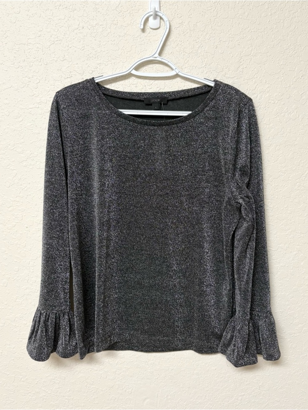 NWT J. Crew Sparkle Bell Sleeve Top Silver Metallic Black Size L - Picture 1 of 7
